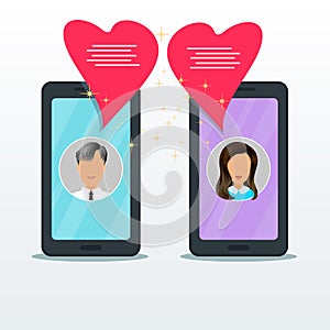Concept of mobile online dating or love chat. Two flat smartphones with man and woman icons