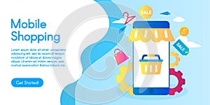 Concept of Mobile Shopping Services, vector business illustration in flat design.