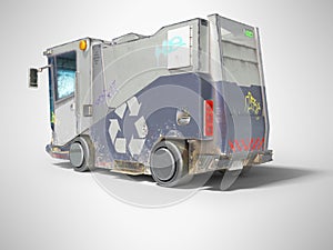 Concept modern blue garbage truck for city back view 3d render on gray background with shadow