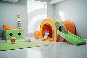 The concept of a modern children\'s room. Bright colors, lots of toys, tunnels, slides