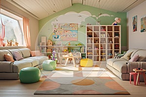 The concept of a modern children\'s room. Bright colors, lots of toys, tunnels, slides