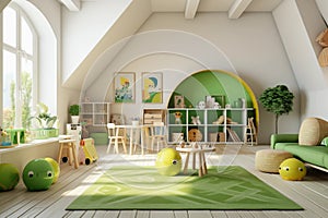 The concept of a modern children\'s room. Bright colors, lots of toys, tunnels, slides