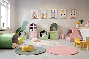 The concept of a modern children\'s room. Bright colors, lots of toys, tunnels, slides