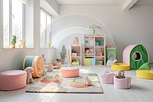 The concept of a modern children\'s room. Bright colors, lots of toys, tunnels, slides