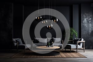 Modern empty living room and furniture decoration mock up design and black wall background texture. Generative AI