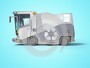 Concept modern garbage truck for city side view 3d render on blue background with shadow