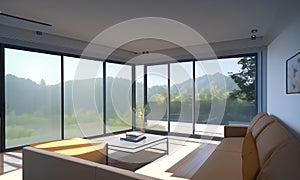 Concept of modern living room during day with furniture and big windows, view on green peaceful forest. Anime style digital