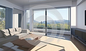 Concept of modern living room during day with furniture and big windows, view on green peaceful forest. Anime style digital