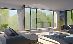 Concept of modern living room during day with furniture and big windows, view on green peaceful forest. Anime style digital