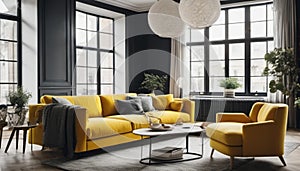 Concept of modern living room with yellow sofa and black walls.