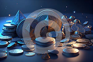 Concept of modern money with a pile of bitcoins with blue light
