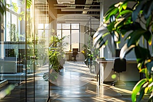 Concept Modern Office Sunlit modern office with glass walls plants computers and minimal furniture