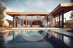 Modern patio outdoor with swimming pool, modern house interior and exterior design. Generative AI