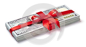 Concept, money as gift, win or bonus. Pile of 100 dollar bills is tied with red ribbon with bow. Isolated on white