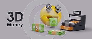 Concept of money, easy earnings. 3D emoticon with mouth full of greenbacks