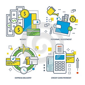 Concept of money, personal investment, express delivery, credit card payment.