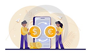 Concept of money transfer with mobile app. Man and woman with dollar and euro coin standing on mobile phone background