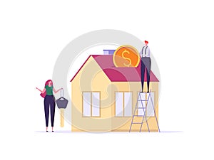 Concept of mortgage, purchase house, real estate, abstract ownership. Family Man and Woman buy house witj key. Vector illustration