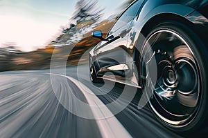 Concept Motion Blur, Blurry black sports car speeding down road creating motion blur effect