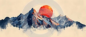 Concept Mountains, Minimalism, Red Moonrise, Scenic Minimalist Mountain Majesty with Red Moonrise