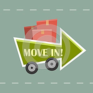 Concept move in relocation arrow forward car truck with boxes on a road, funny cartoon vector illustration clip art