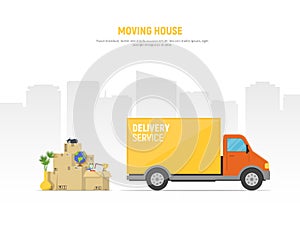 Concept moving house. Pile cardboard boxes with truck on cityscape background. Relocate to new home or office