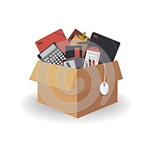 Concept of moving to new office. Cardboard brown box 3d with folders in trendy colours coral navy, wooden frame, pen,pencils, to