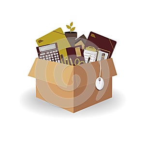 Concept of moving to new office. Cardboard brown box 3d with folders,wooden frame, pen,pencils, to do list,planner, envelope,