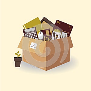 Concept of moving to new office. Cardboard brown box 3d with folders,wooden frame, pen,pencils, to do list,planner, envelope,