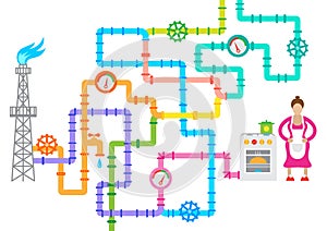 Concept multicolored pipelines with valves and counters.