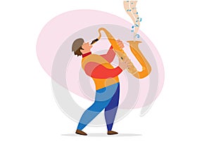 Concept of musician and playing saxophone. Male musician. Cartoon character standing and playing jazz melody saxophone. flat style