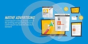 Native advertising, cross device advertising, digital media promotion. Flat design marketing banner.
