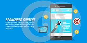 Sponsored content - native advertising - paid media advertising concept. Flat design marketing illustration.