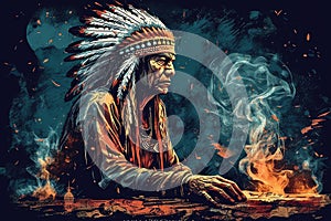 Native american shaman in contemplation during fire ceremony indian chief healer in traditional style and vibrant high contrast co