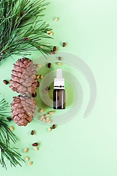 concept of natural cosmetics, pine cones with nuts and a bottle of oil on a green background