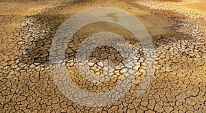 The concept of natural drought of the environment on Earth: dry soil, cracked soil with soil erosion Becomes red that is not