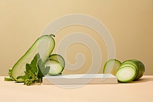 Concept of natural and organic fruit with winter melon displayed with empty podium.