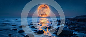 Concept Nature Photography, Moonrise, Sunset Reflections, Lunar Serenity Oceans Edge at Twilight