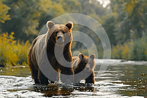 Concept Nature Photography, Motherhood, Serenity at Sunset Mother Bear and Cub by Riverside