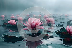 Concept Nature Photography, Water Reflections, Lotus Flowers, Serenity Pond Misty Lotus Blooms