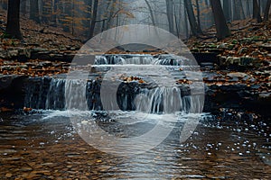 Concept Nature Photography, Waterfall Landscapes, Autumn Serene Waterfalls in Misty Autumn Forest