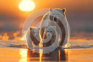 Concept Nature Photography, Wildlife Portraits, Serene Sunset Stroll Bear Family by the River