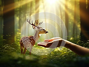 Concept Nature reserve conserve Wildlife reserve tiger Deer Global warming Food Loaf Ecology hands protecting the wild and