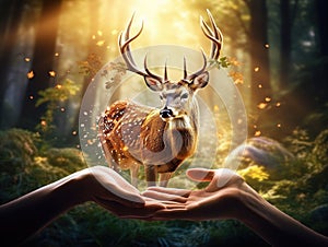 Concept Nature reserve conserve Wildlife reserve tiger Deer Global warming Food Loaf Ecology hands protecting the wild and