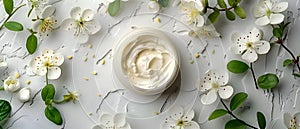 Concept Natureinspired Skincare, Botanical Beauty, Soothing Skin Cream Amidst Blossoms Leaves