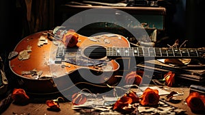 Concept of Neglected Passions. An old guitar lies in a corner gathering dust, indicating the loss of enthusiasm for once