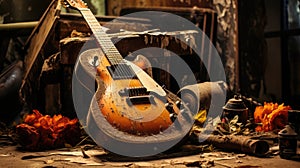 Concept of Neglected Passions. An old guitar lies in a corner gathering dust, indicating the loss of enthusiasm for once