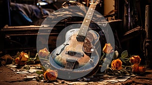 Concept of Neglected Passions. An old guitar lies in a corner gathering dust, indicating the loss of enthusiasm for once