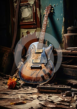 Concept of Neglected Passions. An old guitar lies in a corner gathering dust, indicating the loss of enthusiasm for once