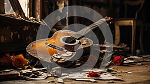 Concept of Neglected Passions. An old guitar lies in a corner gathering dust, indicating the loss of enthusiasm for once